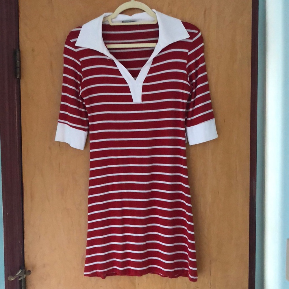 Red striped mid-sleeve casual dress